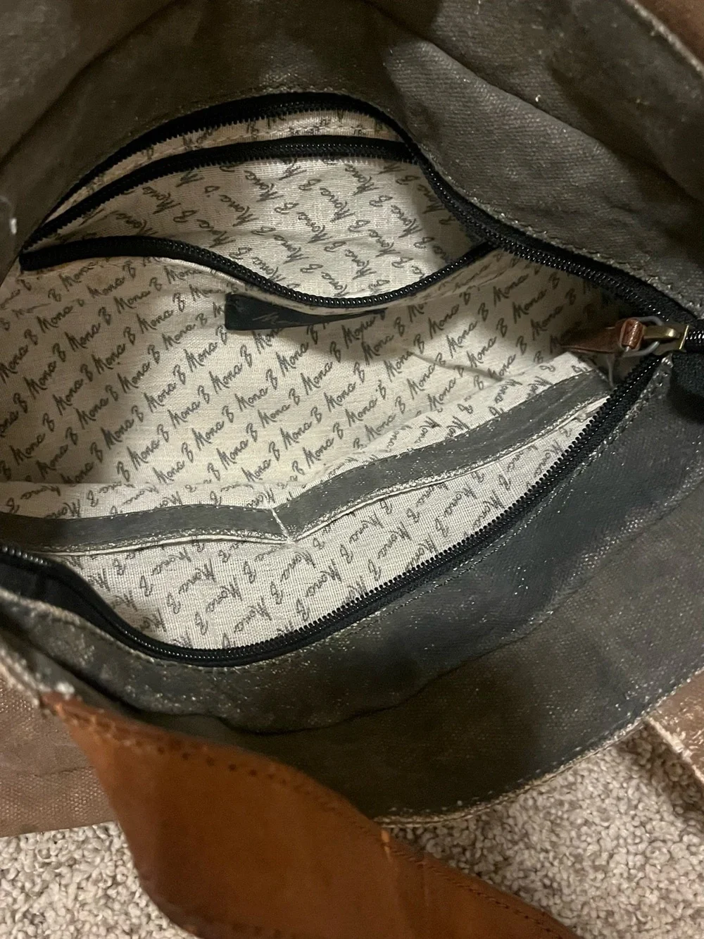 Canvas and Leather Tote Bag in Brown and Olive with Decorative Ring